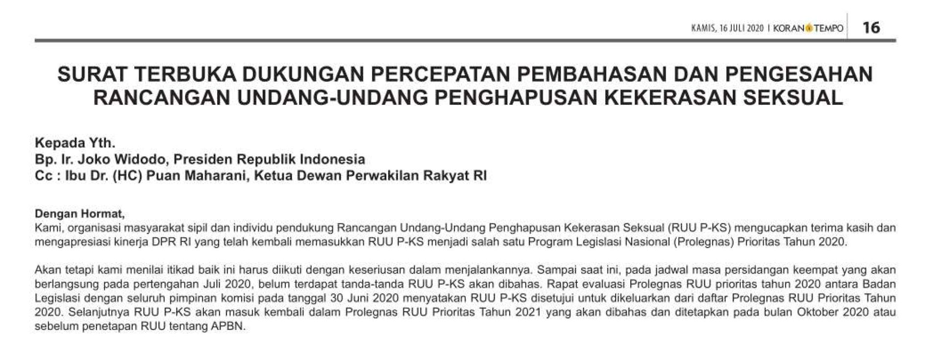 Surat Terbuka Dukungan Percepatan Pembahasan dan Pengesahan RUU PKS – Iklan Koran Tempo